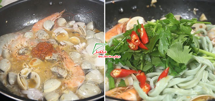 Mì tươi hoa đậu biếc xào hải sản